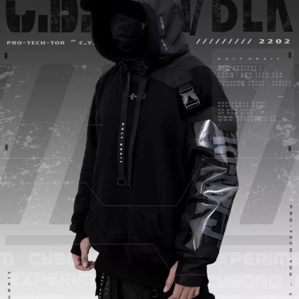 Men's Techwear Black Jacket Rugged fleece Pullover Hoodie Holygrail C.B.G-01/BLK